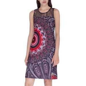 Desigual Sheath Dress Black Red Grey Mesh Panels Size M